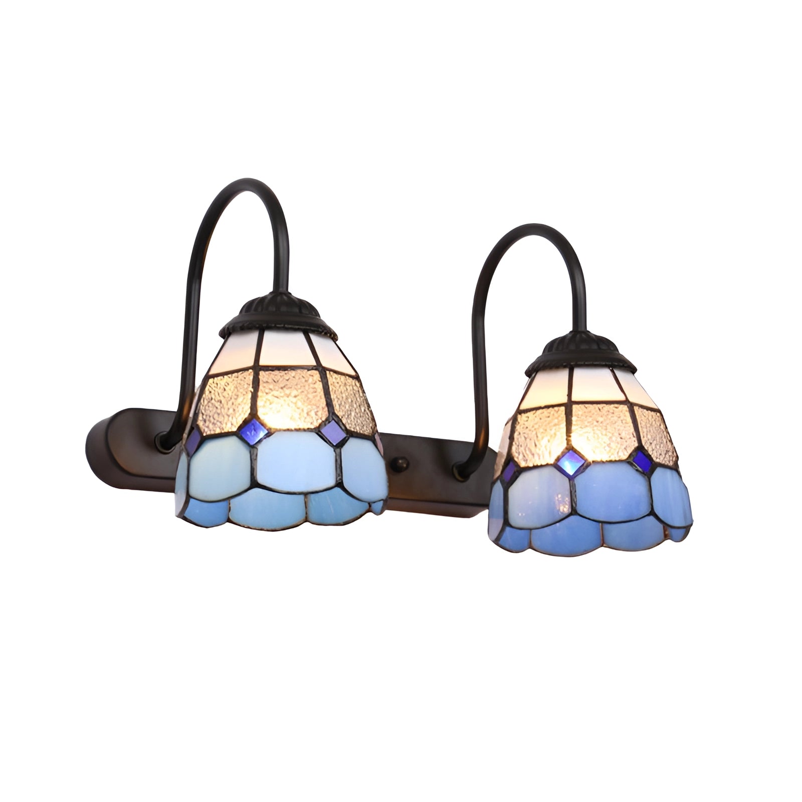 Tiffany stained glass floral wall sconce featuring a dual lamp fixture with a black trellis design and vibrant floral patterns in electric blue, showcasing artistic symmetry.