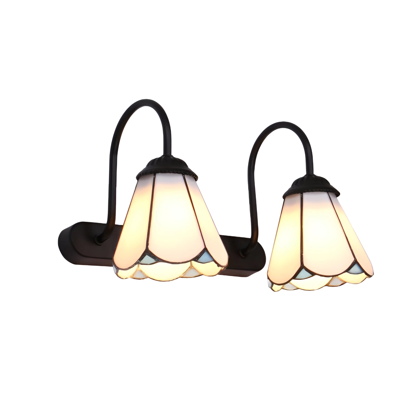 Tiffany stained glass floral wall sconce with dual lamp fixture in a black scalloped design, featuring intricate floral patterns in beige tones.
