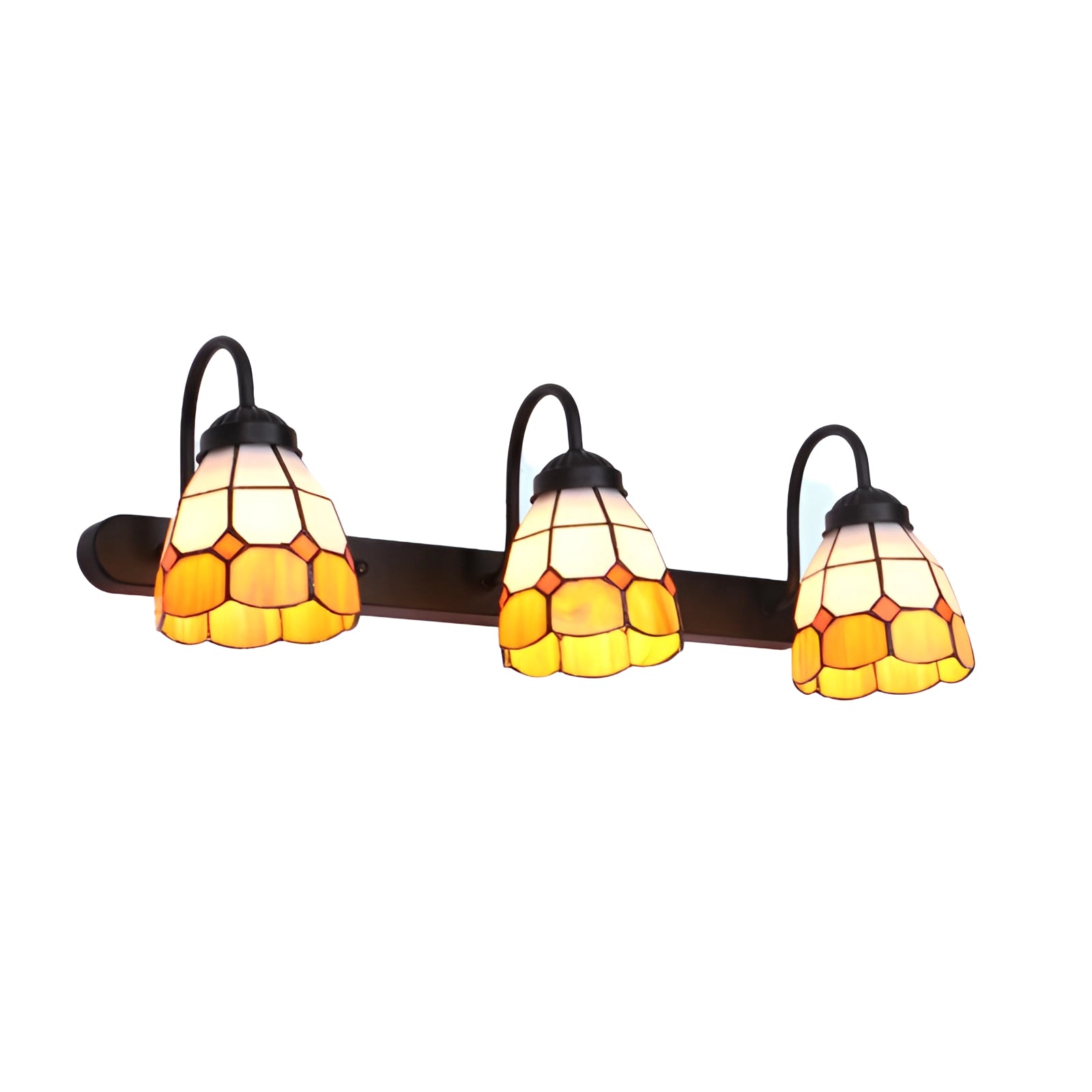 Tiffany stained glass floral wall sconce with dual lamp fixture featuring intricate black and malt grass floral patterns, equipped with three lights.
