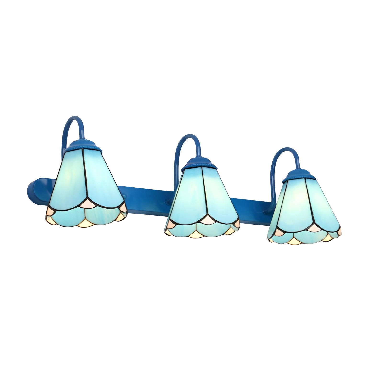 Tiffany stained glass floral wall sconce featuring a dual lamp fixture with a blue and ocean color scheme and designed with intricate floral patterns.