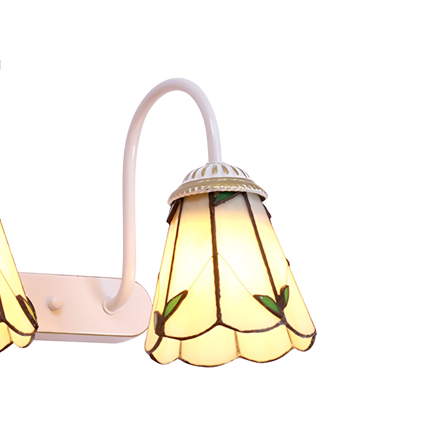 Tiffany stained glass floral wall sconce featuring a dual lamp fixture with intricate metal detailing and vibrant floral patterns.