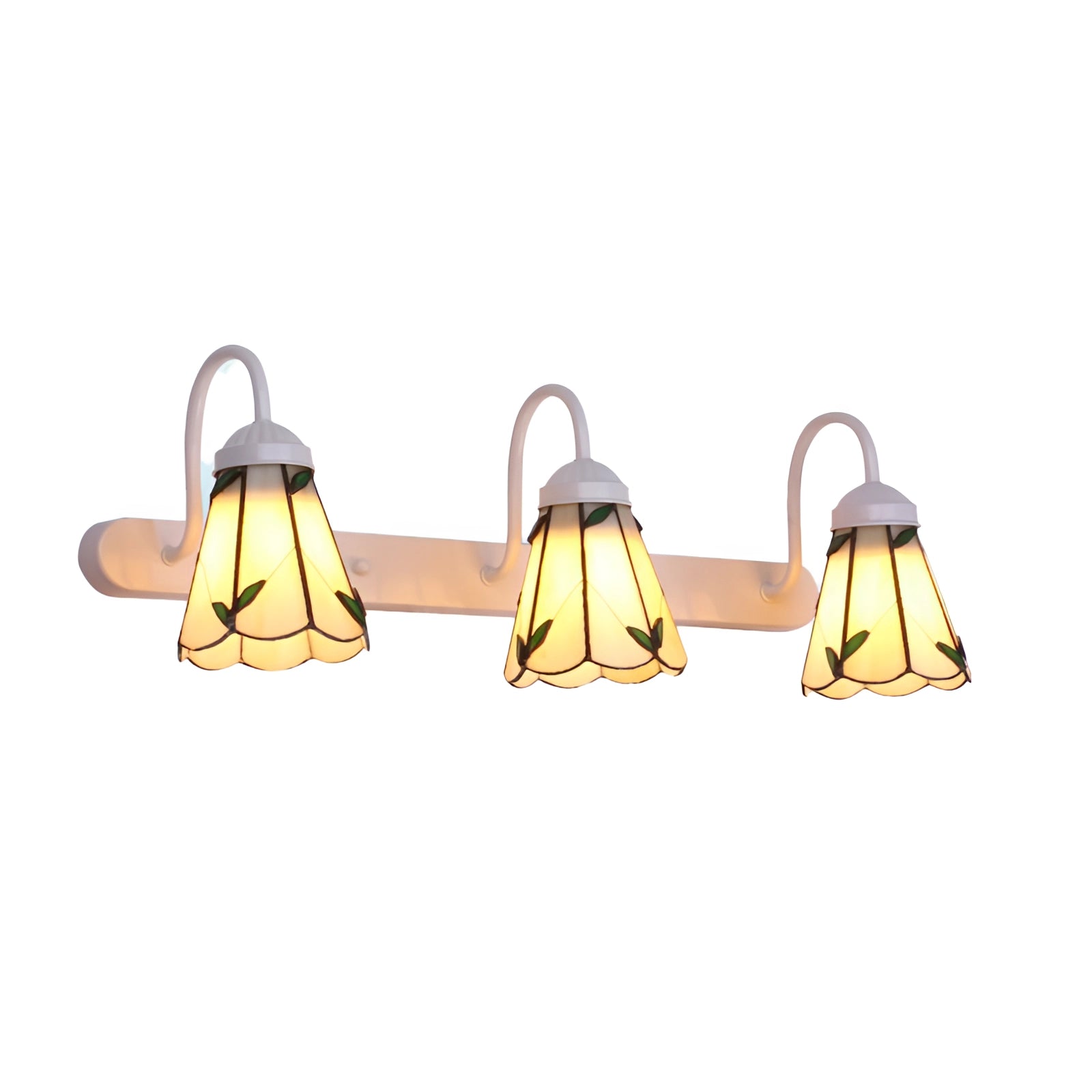Tiffany stained glass floral wall sconce featuring a dual lamp fixture with a white leaf design and three lights. The sconce displays intricate floral patterns in stained glass with a classic rectangular shape, adding a touch of elegance and artistic flair to any room.