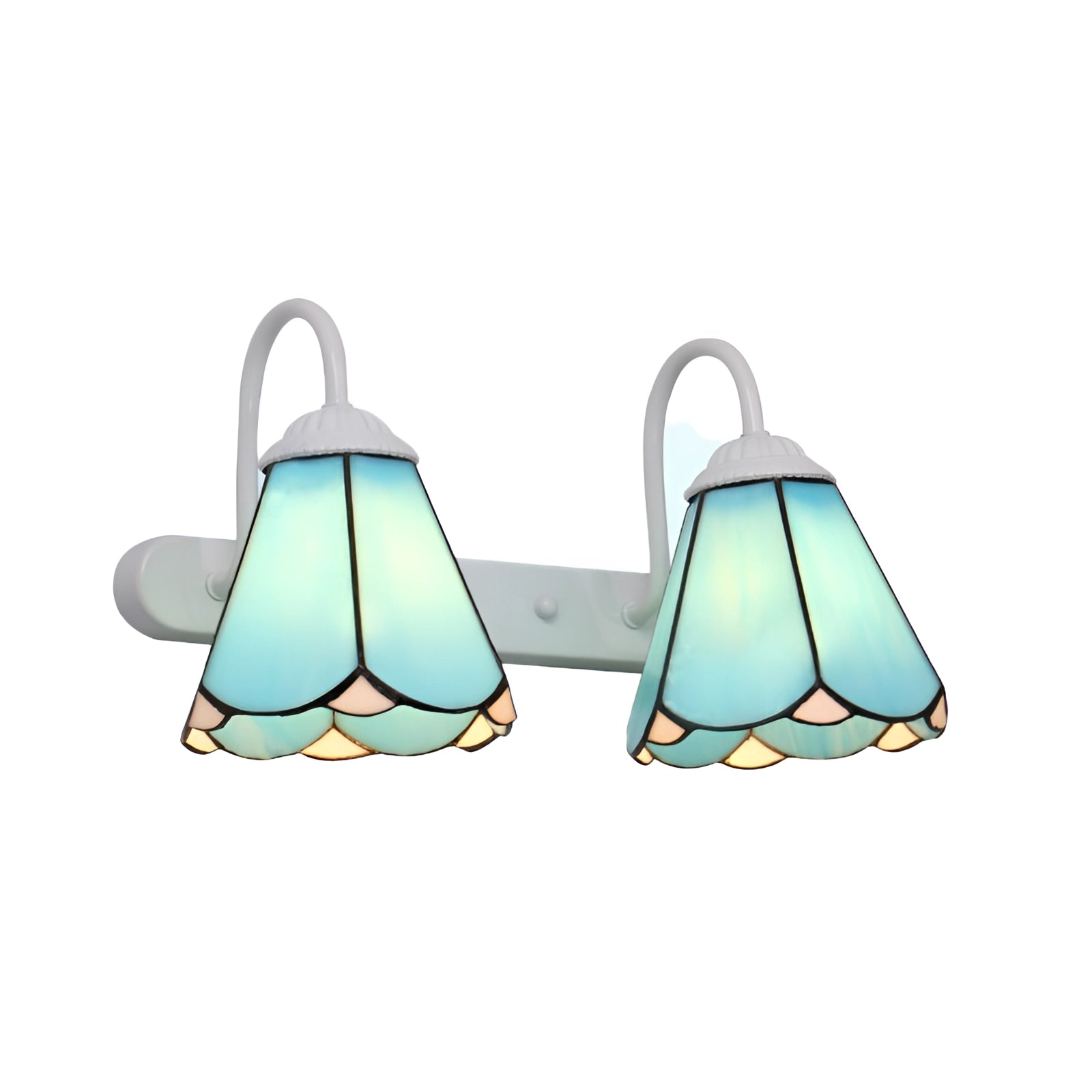 
A Tiffany stained glass floral wall sconce featuring a dual lamp fixture with a white and ocean color scheme, elegantly designed with intricate patterns and vibrant hues, providing ambient lighting.