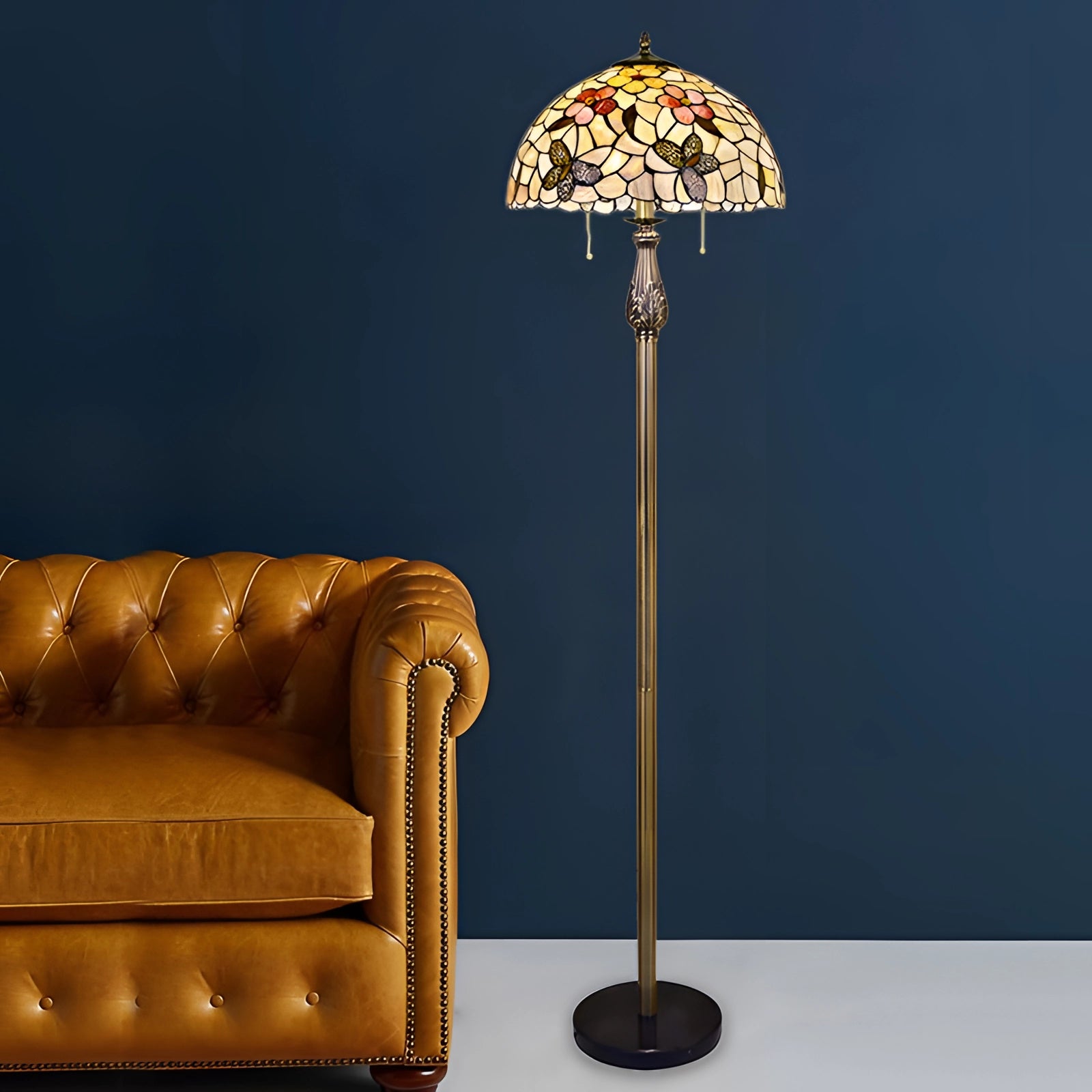 Tiffany-style dragonfly stained glass floor lamp with a brass pole, standing 63 inches tall, featuring a colorful dragonfly design on the lampshade.
