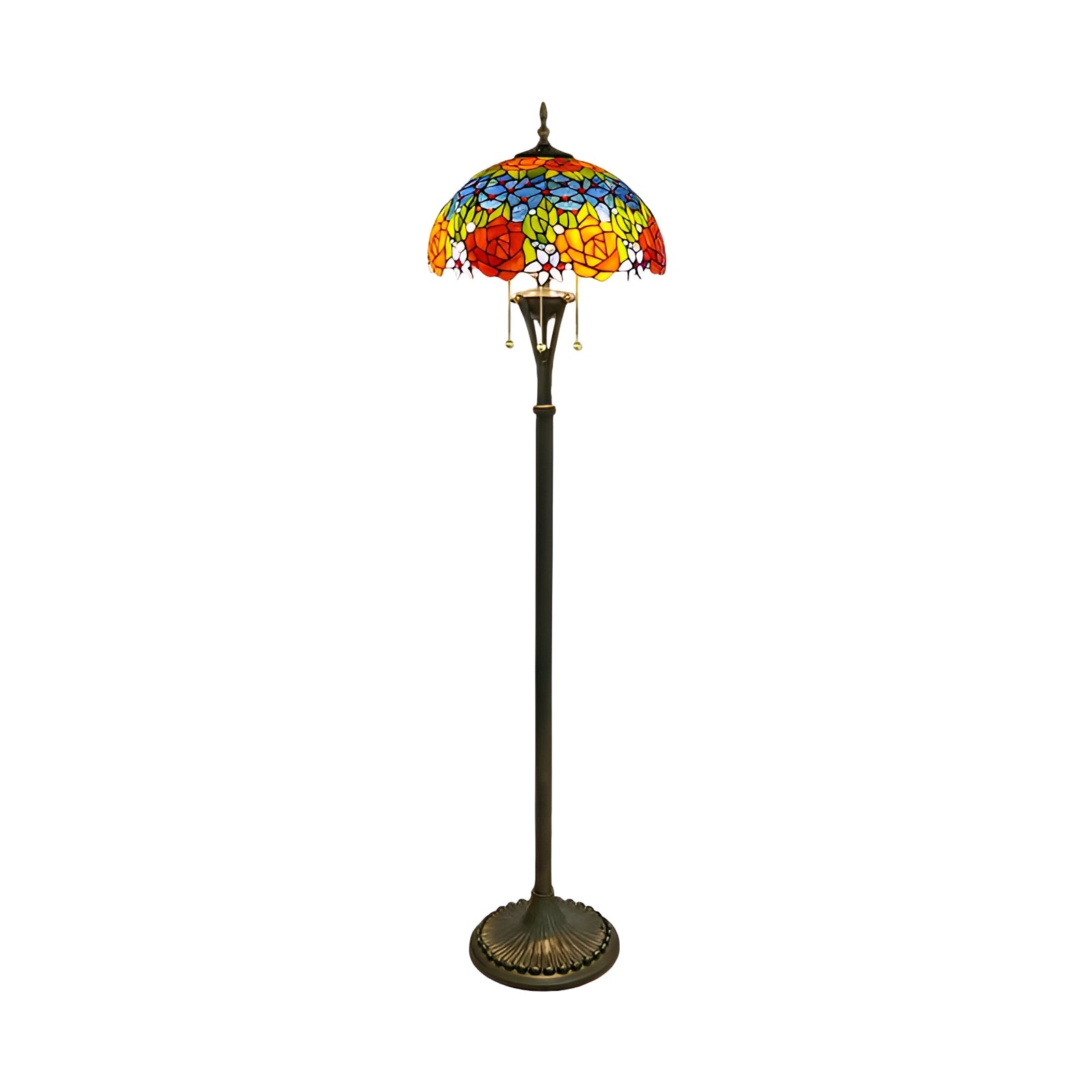 Tiffany-style floor lamp featuring a stained glass lampshade with a peacock feather design, showcasing intricate patterns and vibrant colors, standing as an elegant lighting accessory.