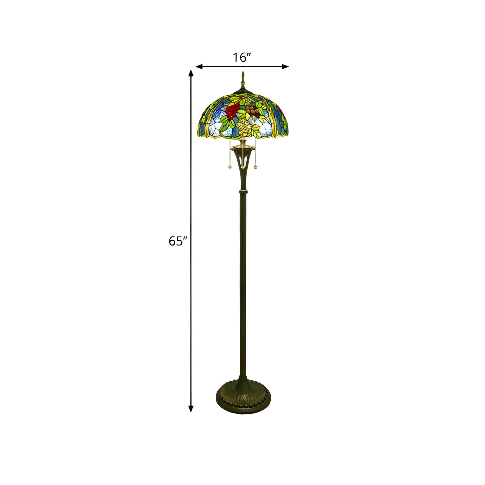 Tiffany-style floor lamp featuring a stained glass design inspired by peacock feathers with vibrant colors and intricate patterns.