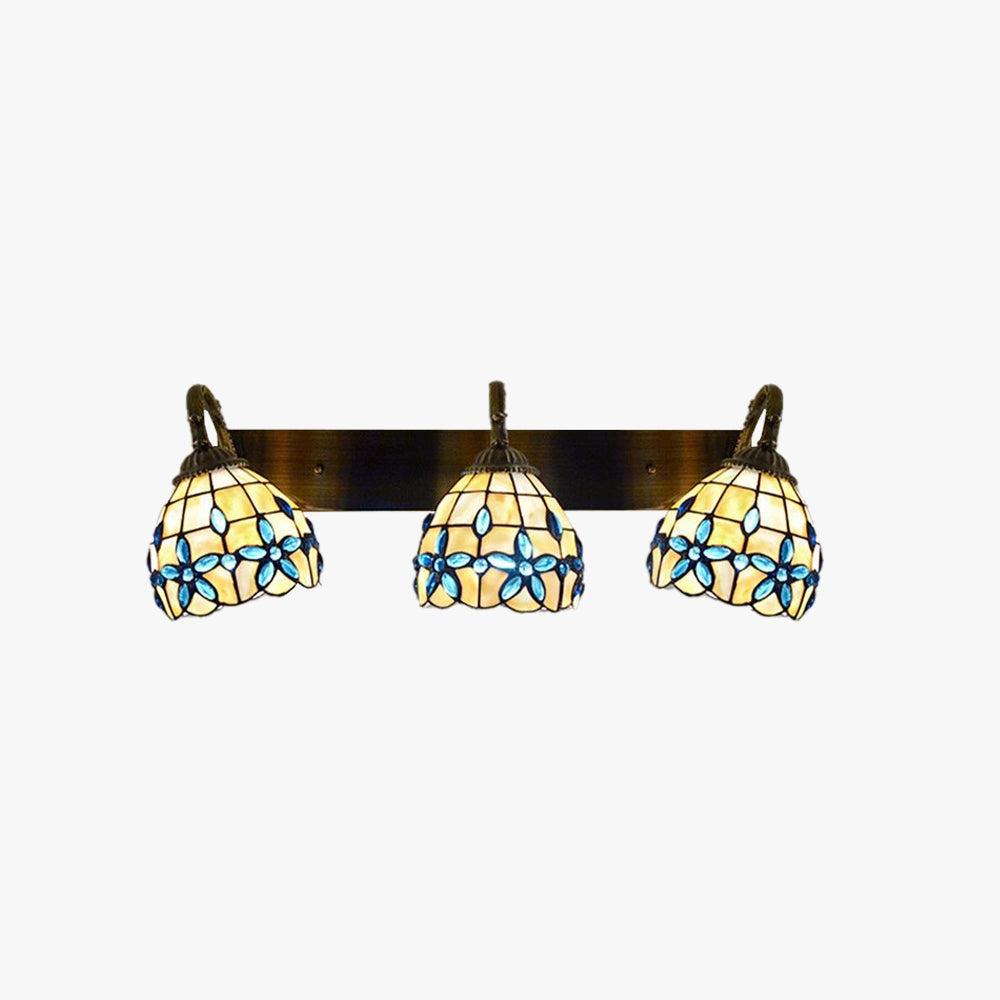 Tiffany-style vintage flower wall lamp featuring stained glass with intricate floral patterns and vibrant colors.