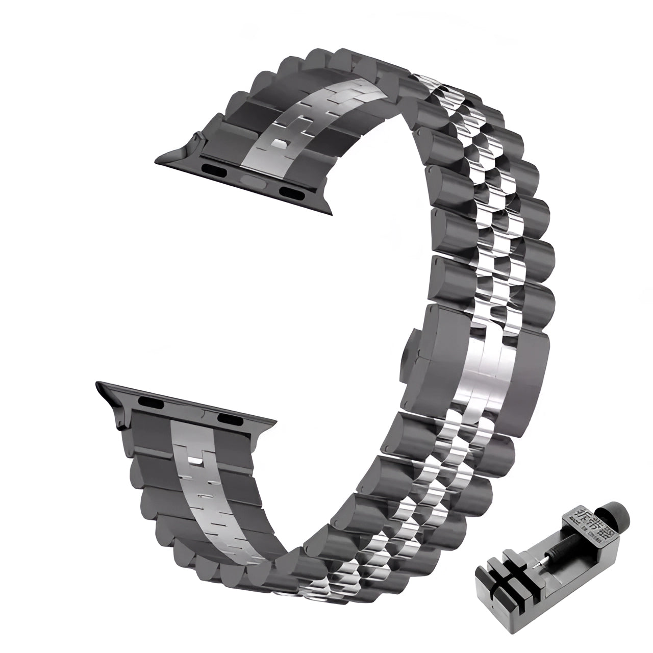 Tri-color stainless steel watch band featuring gold and silver tones displayed with an adjustable bracelet and a black silver tool. The band is designed for 38mm, 40mm, or 41mm watch cases.