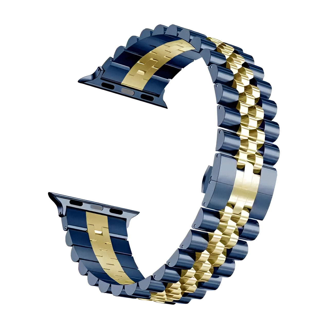 Tri-color stainless steel watch band in gold and silver, featuring an adjustable bracelet design, displayed on a hand, with a blue gold variant fitting 38mm, 40mm, or 41mm watch faces.