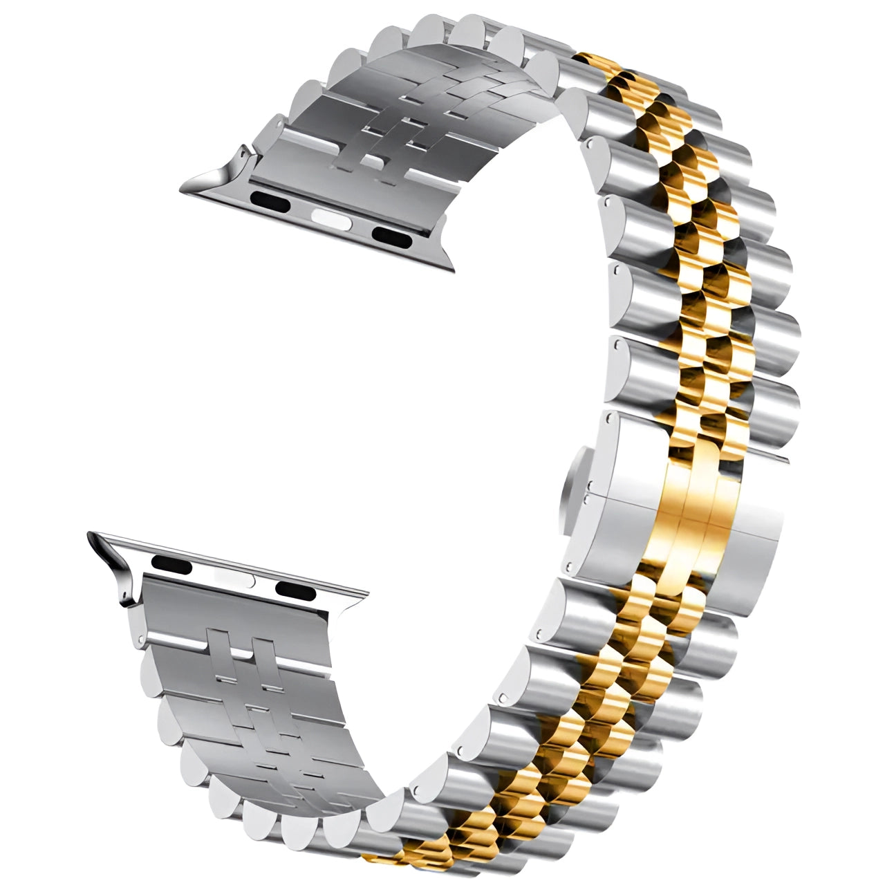 Tri-color stainless steel watch band in gold and silver, featuring an adjustable bracelet design suitable for 42mm, 44mm, or 45mm watch faces.