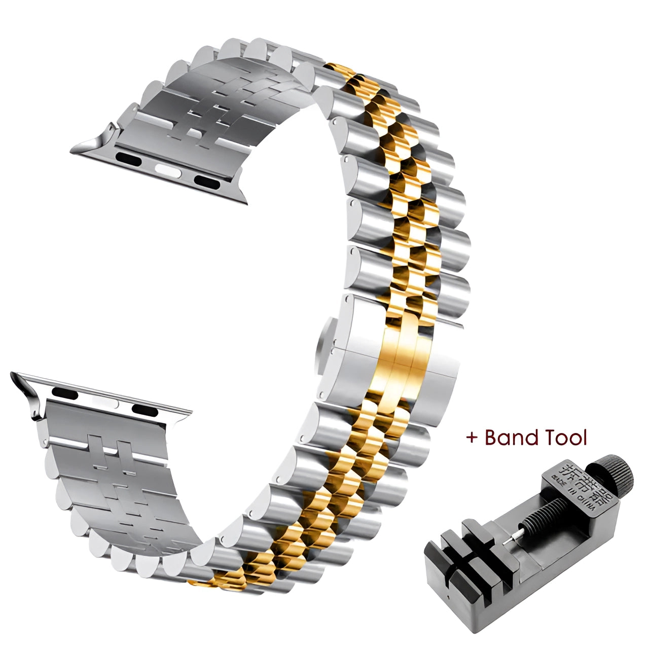 Tri-color stainless steel watch band featuring a gold and silver adjustable bracelet, suitable for 42mm, 44mm, or 45mm watches.