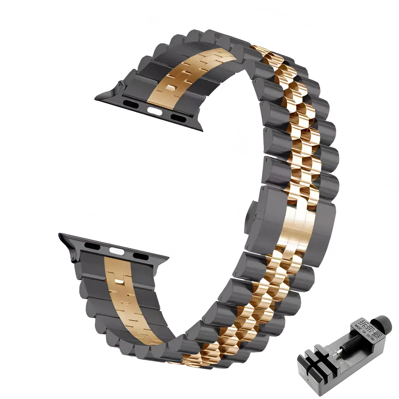 Tri-color stainless steel watch band featuring gold, silver, and black rose gold elements, adjustable to fit 38mm, 40mm, or 41mm watch faces, displaying a sleek and fashionable design.