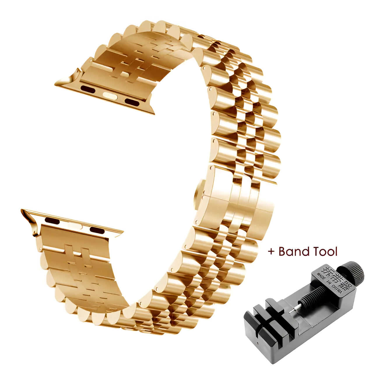 Tri-color stainless steel watch band with gold, silver, and rose gold accents, adjustable bracelet design, compatible with 42mm, 44mm, or 45mm watch faces.