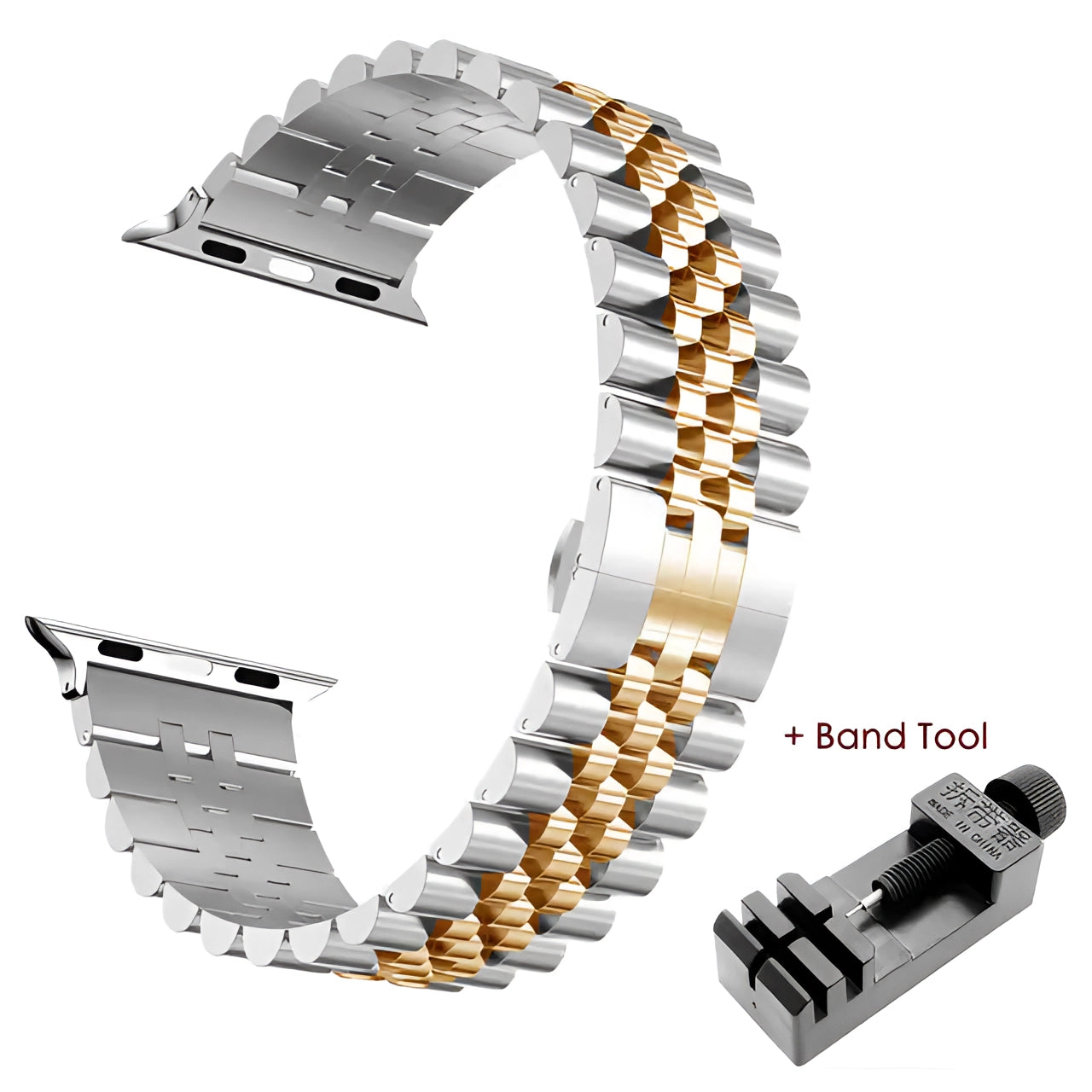 Tri-color stainless steel watch band featuring a gold, silver, and rose gold adjustable bracelet design compatible with 42mm, 44mm, and 45mm watches.