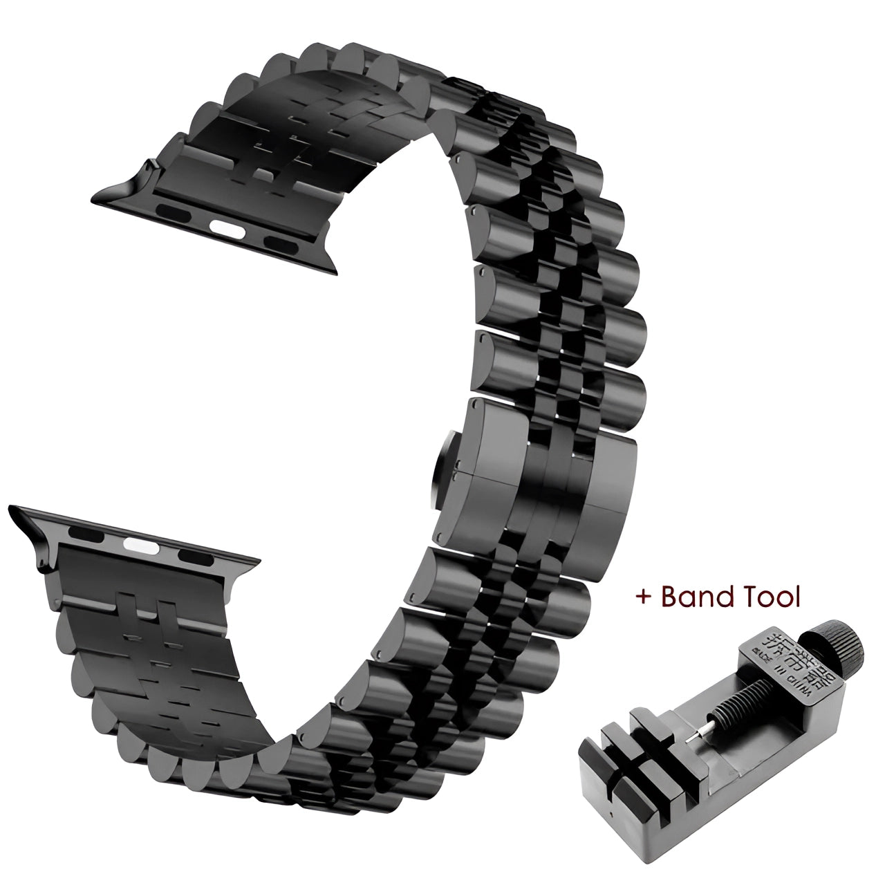Tri-color stainless steel watch band featuring a gold and silver adjustable bracelet, shown with a black tool for sizing adjustment. Suitable for 42mm, 44mm, or 45mm watch faces.