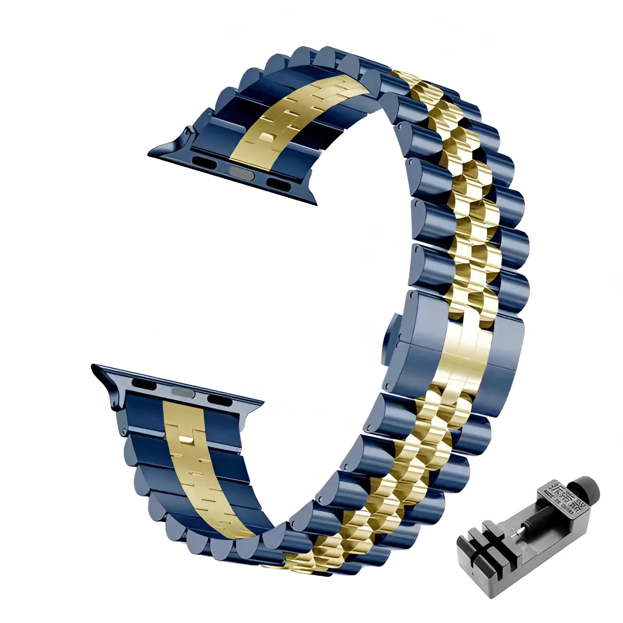 Tri-color stainless steel watch band featuring a gold and silver adjustable bracelet, shown with a blue gold tool. Designed for compatibility with 38mm, 40mm, or 41mm watch faces, the band serves as a stylish fashion accessory.