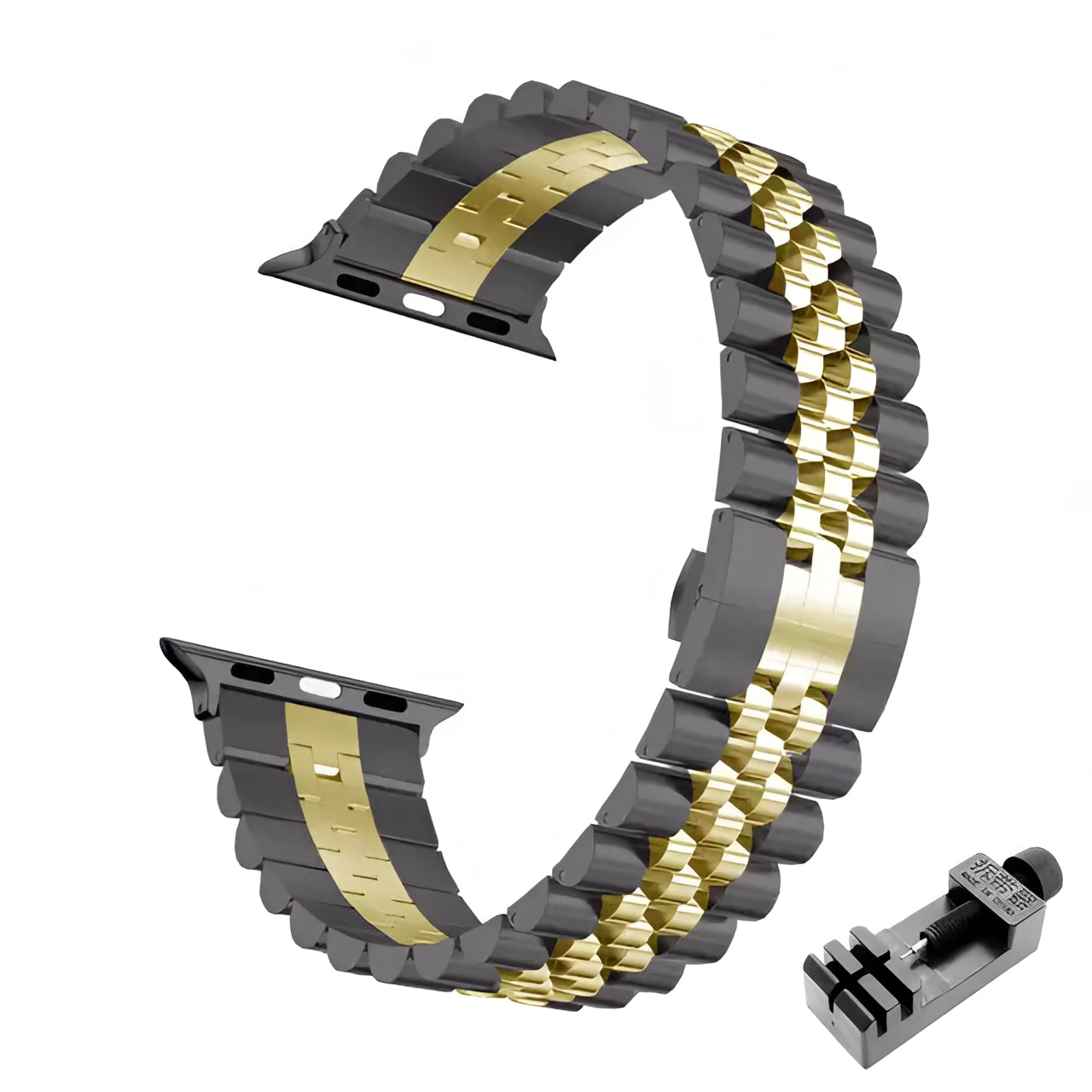 Tri-color stainless steel watch band in gold, silver, and black with an adjustable bracelet, compatible with 38mm, 40mm, or 41mm watches.