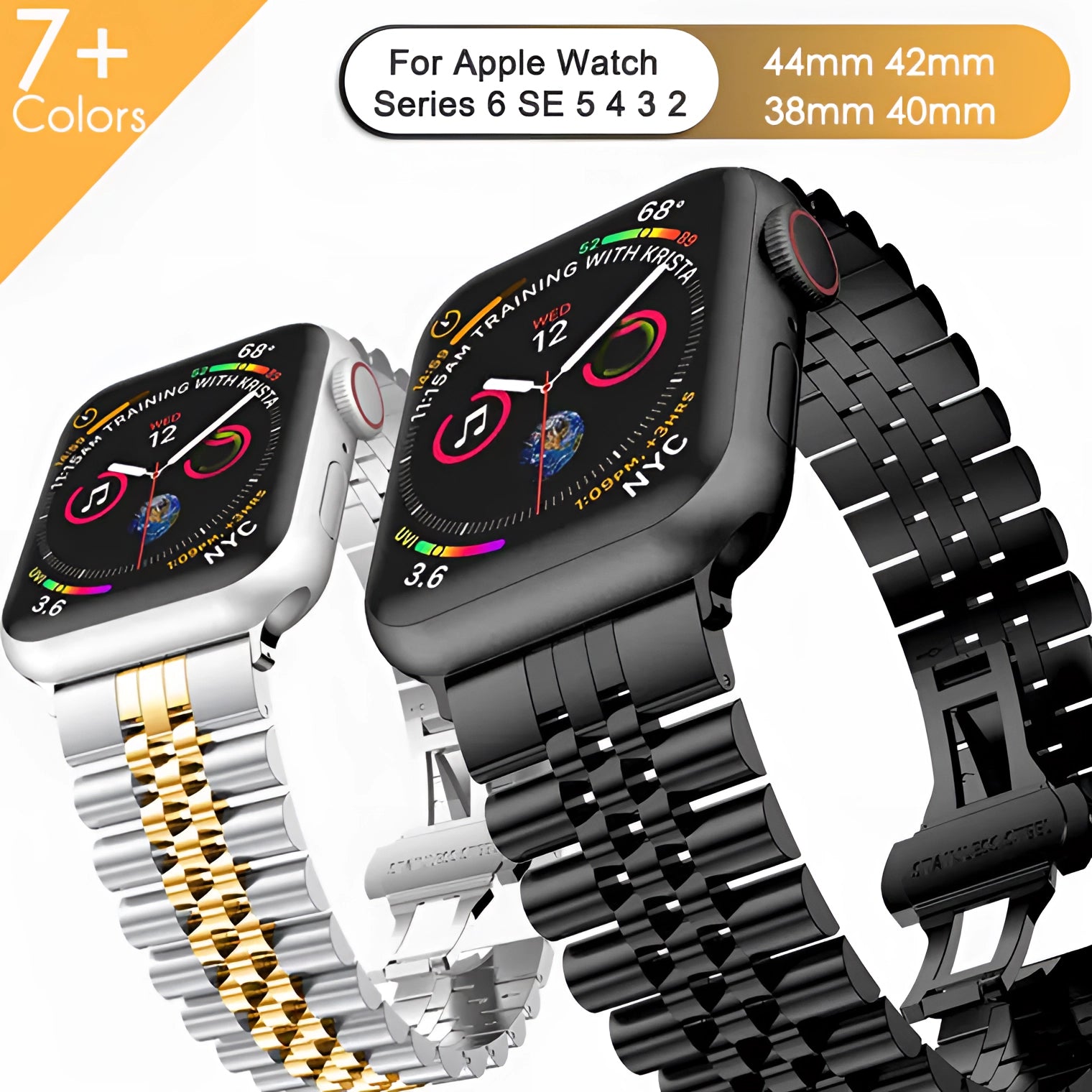 Tri-color stainless steel watch band featuring gold and silver tones, designed as an adjustable bracelet for a stylish and elegant look.
