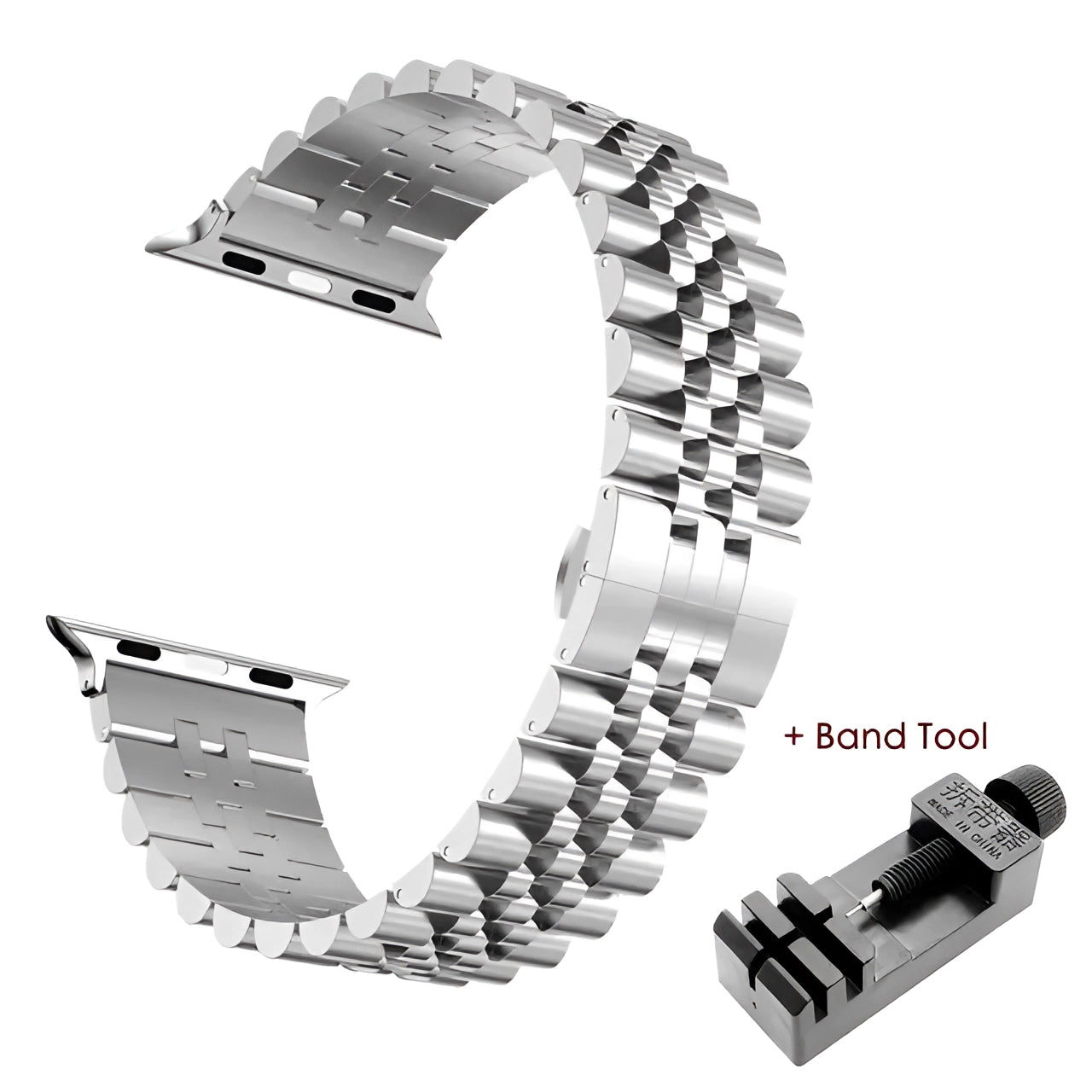 Tri-color stainless steel watch band with gold and silver links, designed as an adjustable bracelet, shown with a silver tool for resizing, suitable for watches sized 42mm, 44mm, or 45mm.