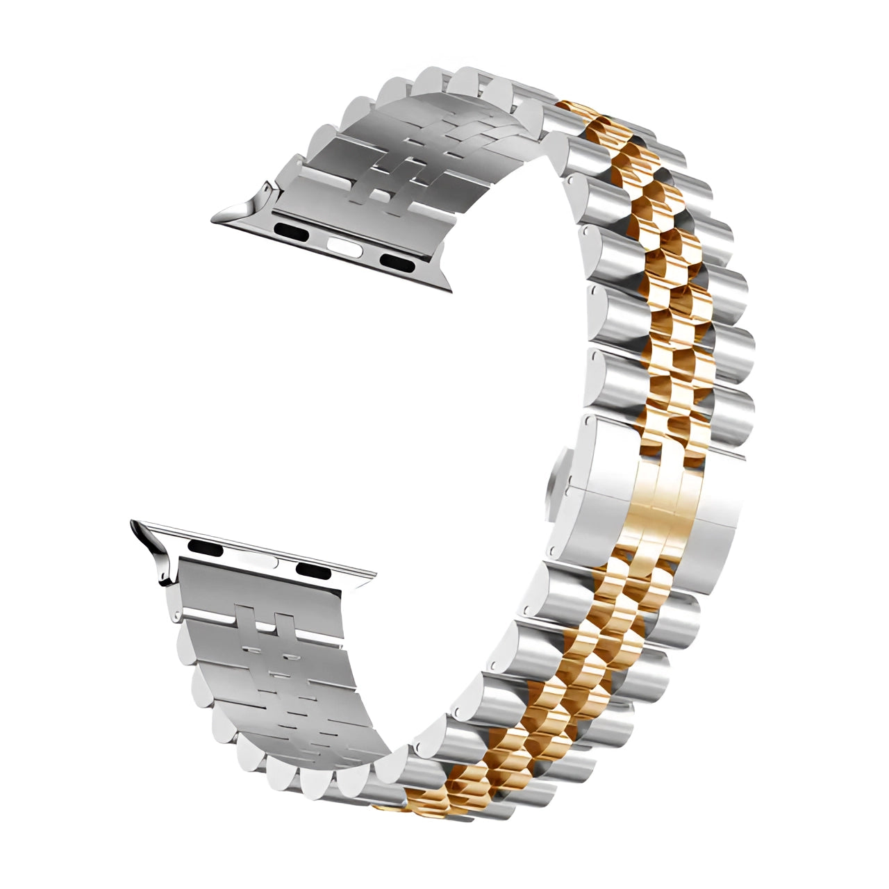 Tri-color stainless steel watch band featuring a blend of silver, gold, and rose gold tones, designed as an adjustable bracelet for 38mm, 40mm, or 41mm watch faces.