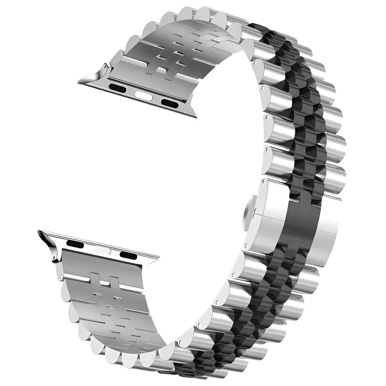 Tri-color stainless steel watch band with alternating gold and silver links, adjustable bracelet design, compatible with 38mm, 40mm, or 41mm watch faces, featuring a sleek and elegant appearance with a silver-black variant.