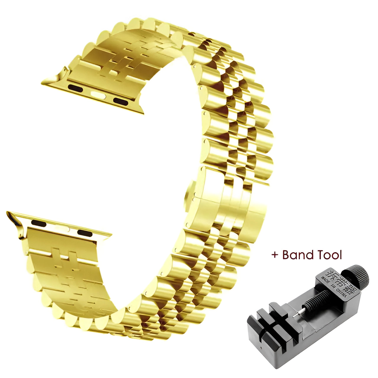 Tri-color stainless steel watch band featuring gold and silver links with an adjustable bracelet design, shown with a tool for adjusting the band size to fit 38mm, 40mm, or 41mm watch cases.