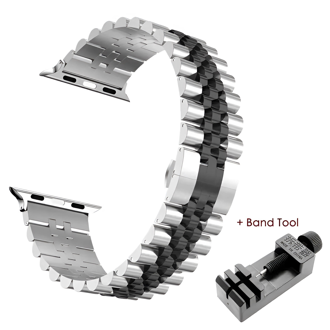 Tri-color stainless steel watch band in gold and silver featuring an adjustable bracelet design, shown with a silver black tool fitting a 38mm, 40mm, or 41mm watch face. The watch band is crafted with metal links in a circular pattern, reflecting its fashion accessory nature.