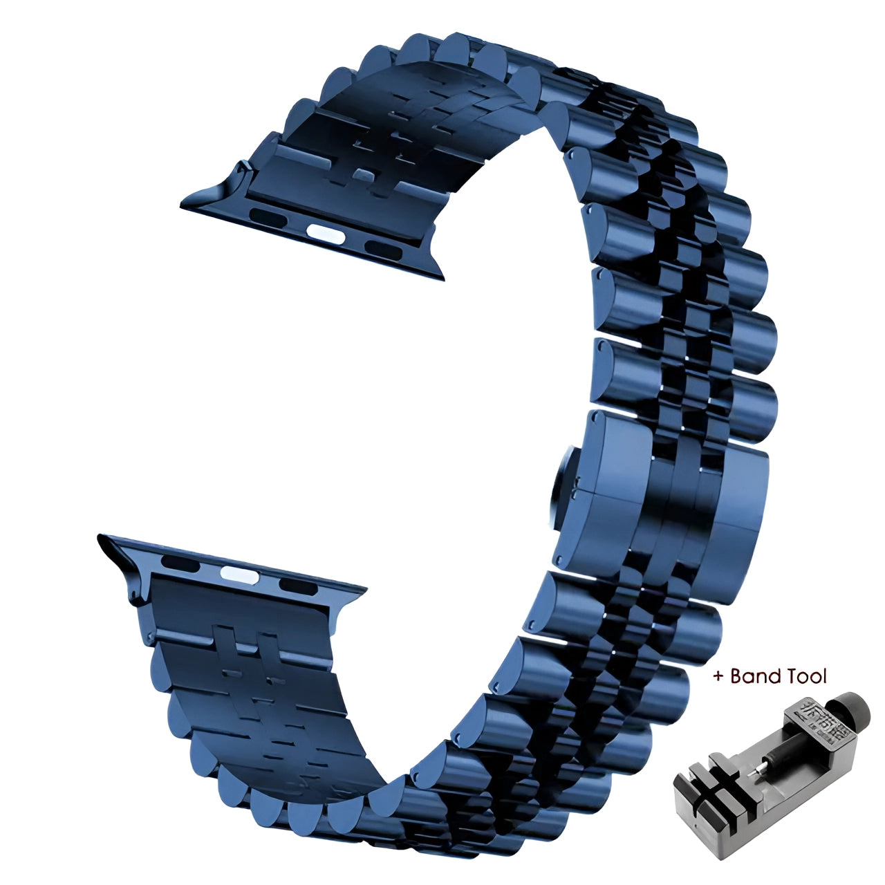 A tri-color stainless steel watch band featuring gold and silver adjustable links, accompanied by a blue tool for resizing, suitable for 38mm, 40mm, or 41mm smartwatch cases.