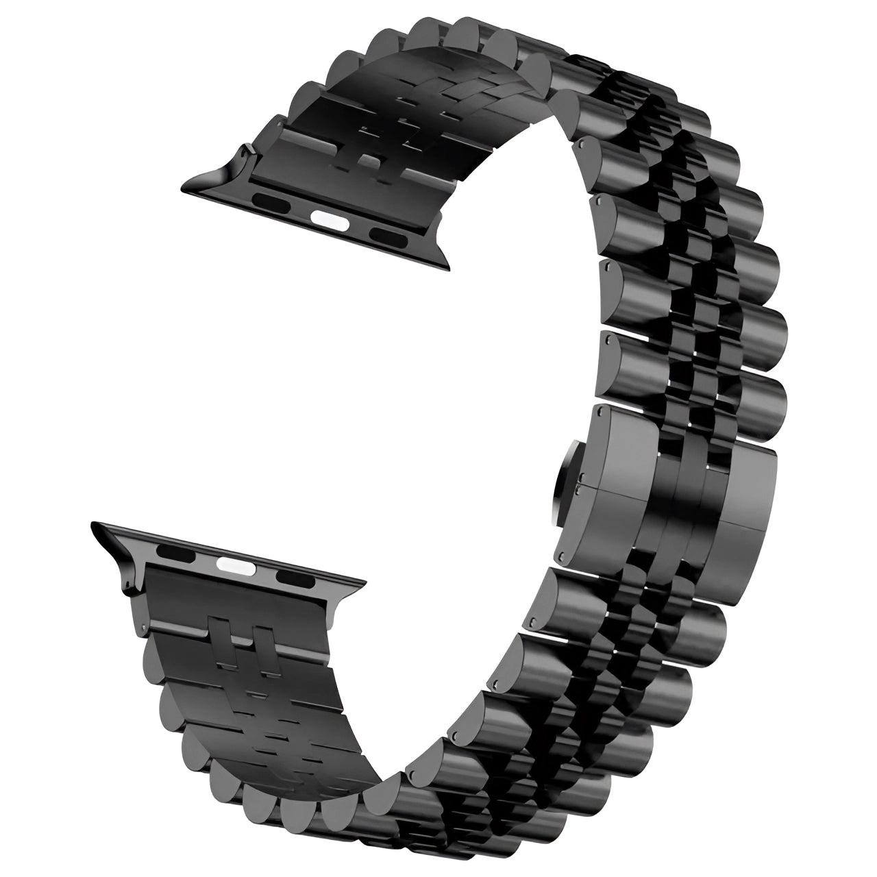 Tri-Color Stainless Steel Watch Band in Black, Gold, and Silver with an adjustable bracelet design, suitable for 38mm, 40mm, or 41mm watch face sizes. The band features a sleek and modern look, combining elements of jewelry and fashion accessories.