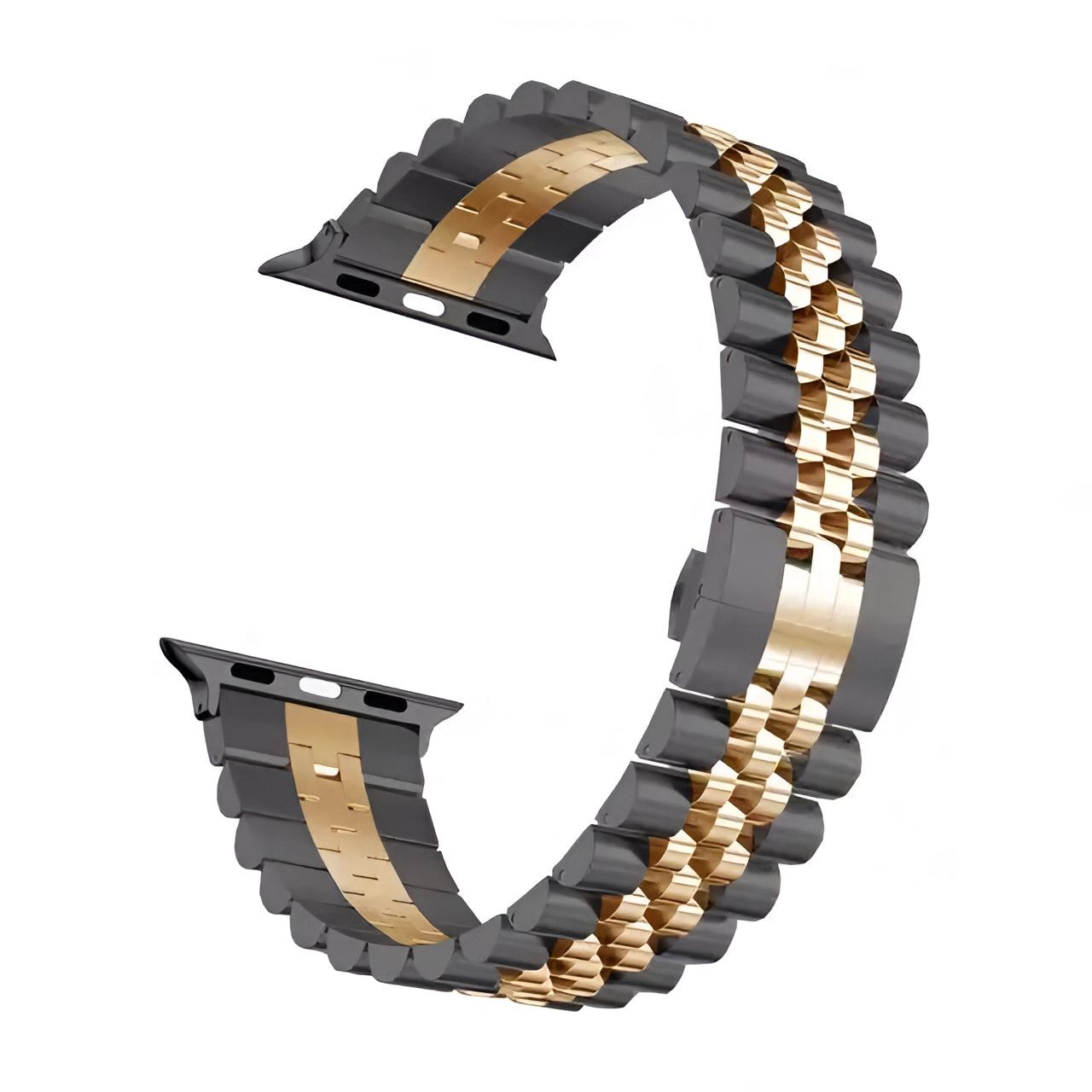 Tri-Color Stainless Steel Watch Band in Black Rose Gold, displaying an elegant combination of gold and silver tones with adjustable links, suitable for watch sizes 42mm, 44mm, or 45mm, highlighting its luxurious bracelet design and fashion-forward appeal.