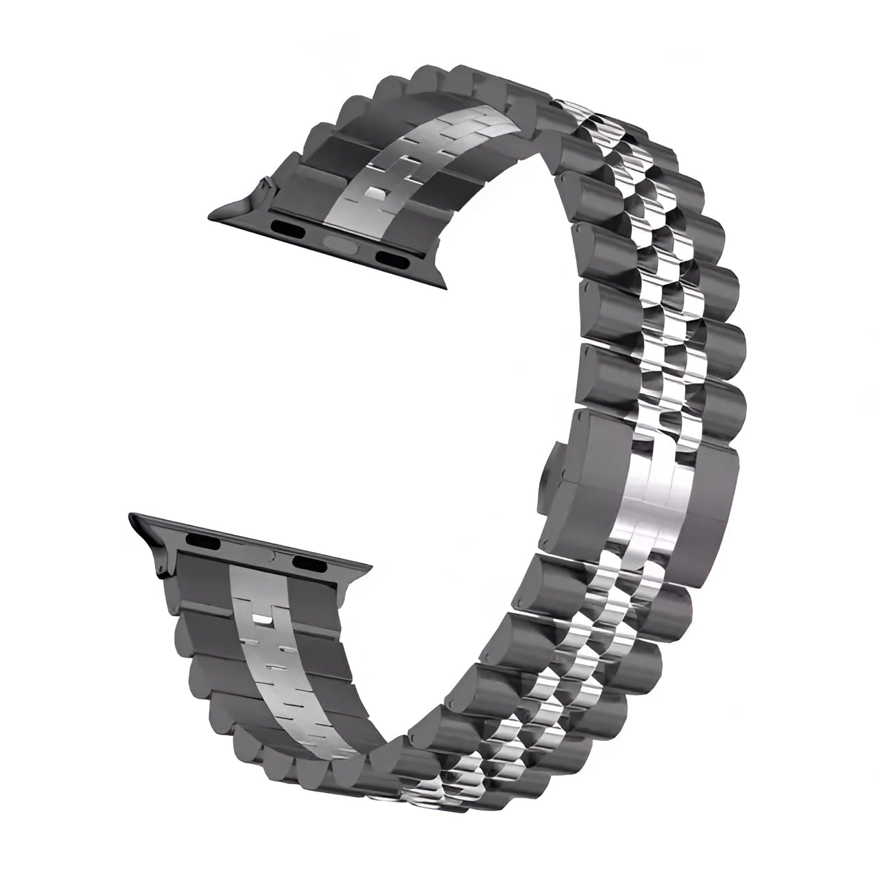 
A person's hand wearing a tri-color stainless steel watch band in gold and silver, designed for 42mm, 44mm, or 45mm watches. The adjustable bracelet features a sleek, fashionable design, complemented by a stylish black accent.
