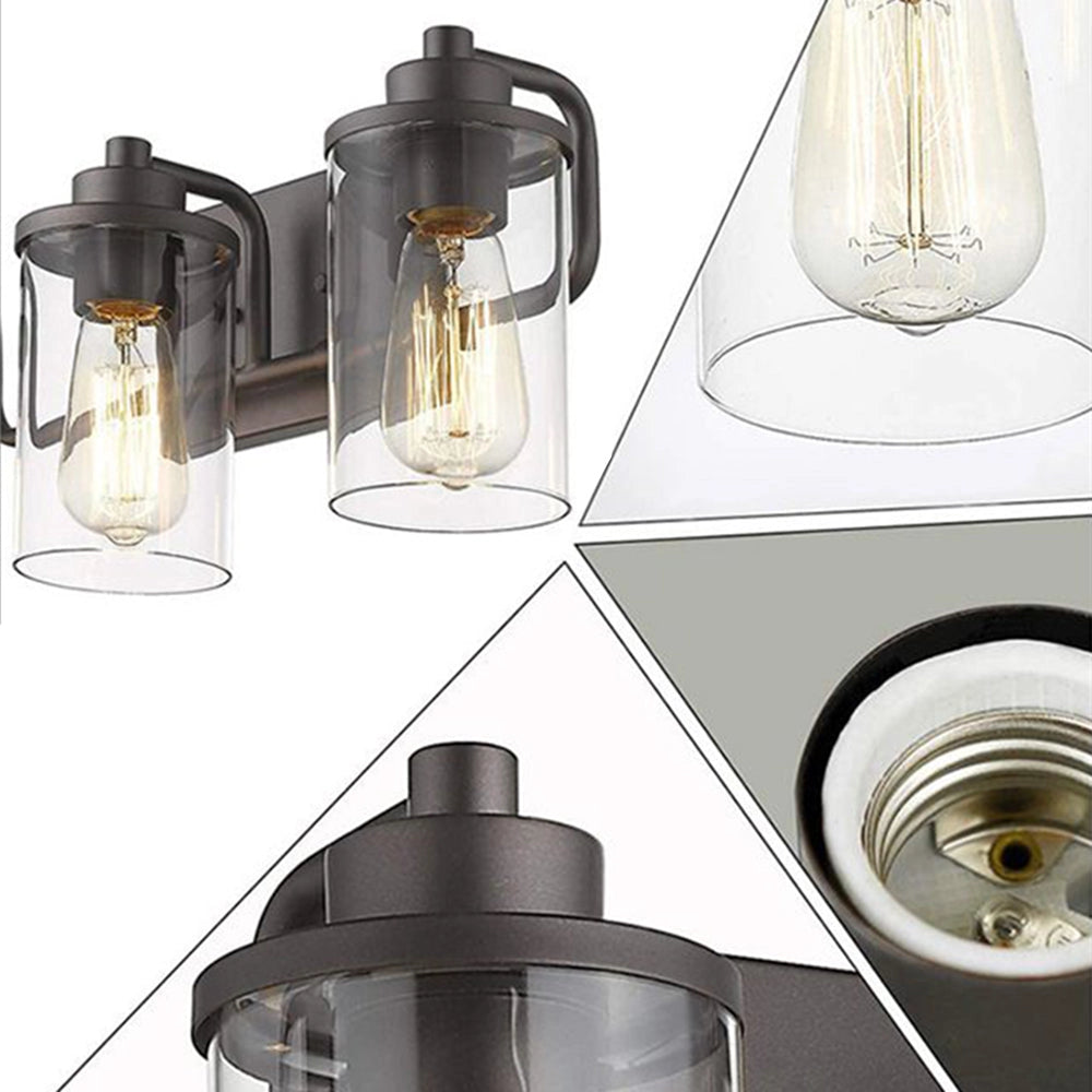 Black metal frame triple lantern 3-light sconce with clear glass shades.