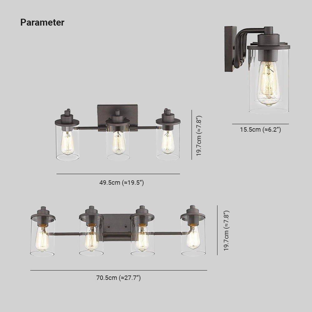 Triple lantern black metal frame 3-light sconce with clear glass shades, featuring a sleek rectangular design suitable for modern interiors.