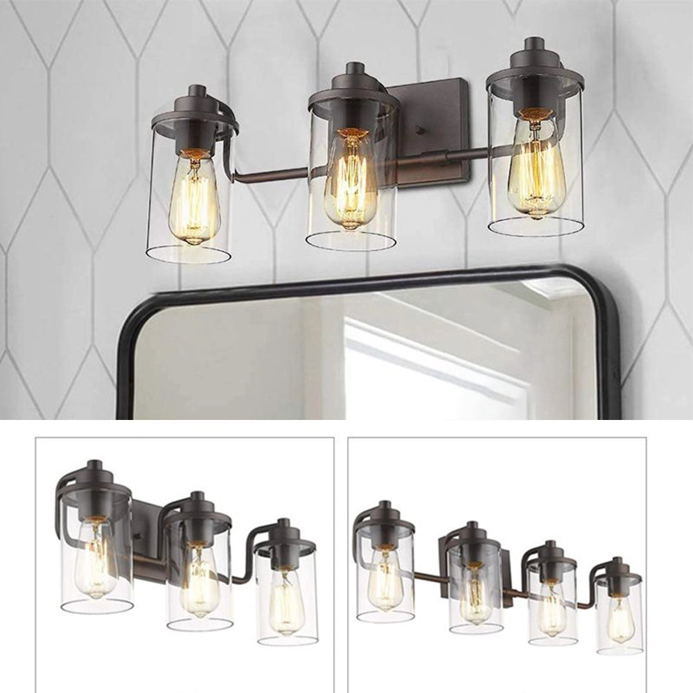 Triple lantern black metal frame 3-light sconce with clear glass shades, featuring three rectangular light fixtures mounted on a sturdy black metal frame.