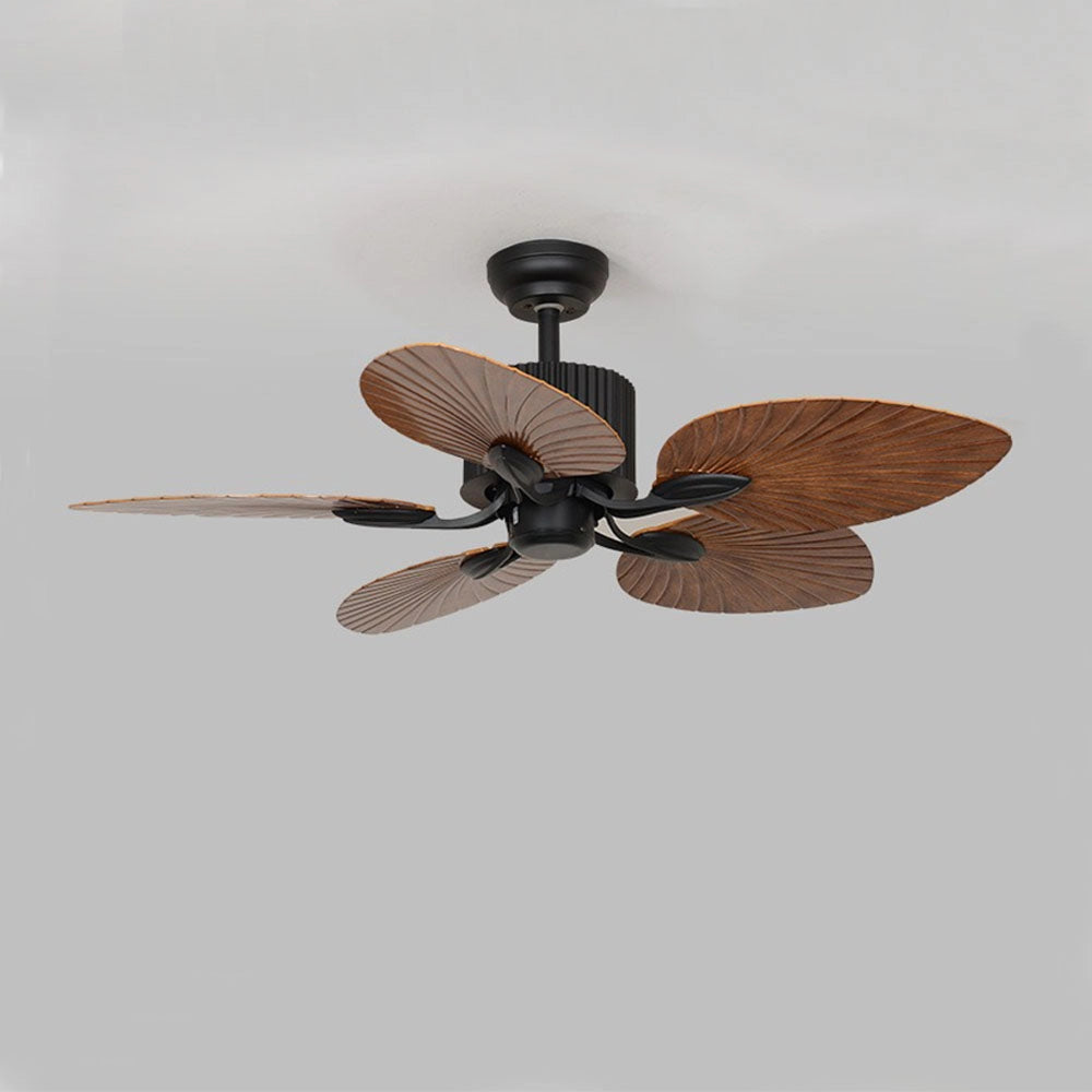 Tropical indoor ceiling fan with five black palm leaf-shaped blades made of natural material, featuring a circular metal base.