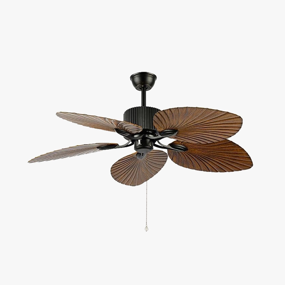 Tropical indoor ceiling fan with five black palm leaf blades, diameter of 52 inches, mounted on a ceiling.