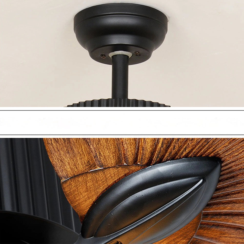 Black tropical indoor ceiling fan featuring five palm leaf-style blades.