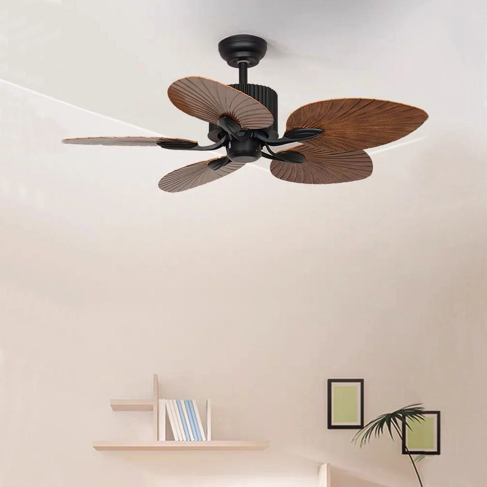 Tropical indoor ceiling fan featuring five black palm leaf-shaped blades with a wood-like appearance.