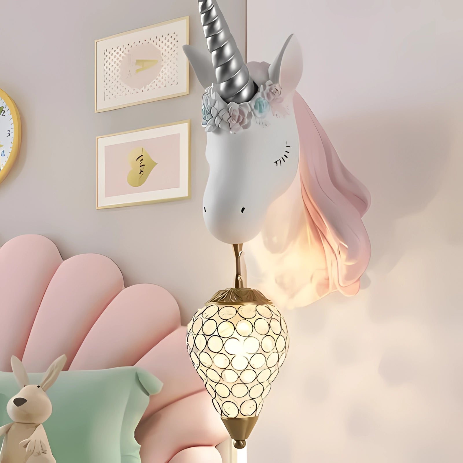 Unicorn wall lamp adorned with crystals, featuring a whimsical design ideal for nursery and bedroom decor.