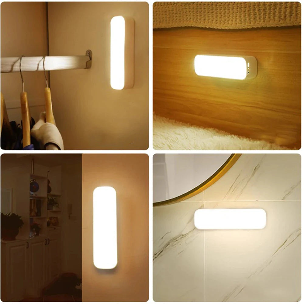 USB LED wireless motion sensor lamp with a compact rectangular design, featuring energy-efficient lighting mounted on a wooden surface.