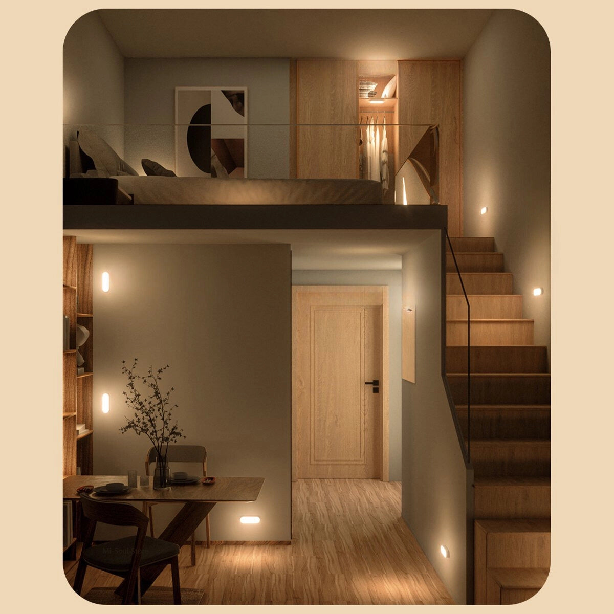 USB LED wireless motion sensor lamp mounted on a wooden wall in a modern interior setting, showcasing its compact and sleek design ideal for energy-efficient lighting solutions.