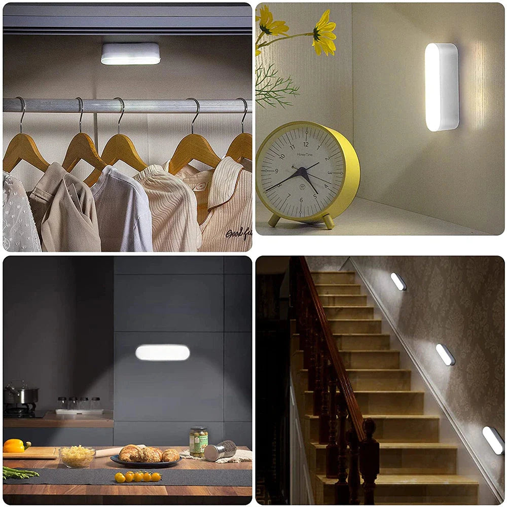 Compact USB LED wireless motion sensor lamp emitting a soft white light, designed with a rectangular shape, suitable for illuminating stair areas and other indoor spaces.