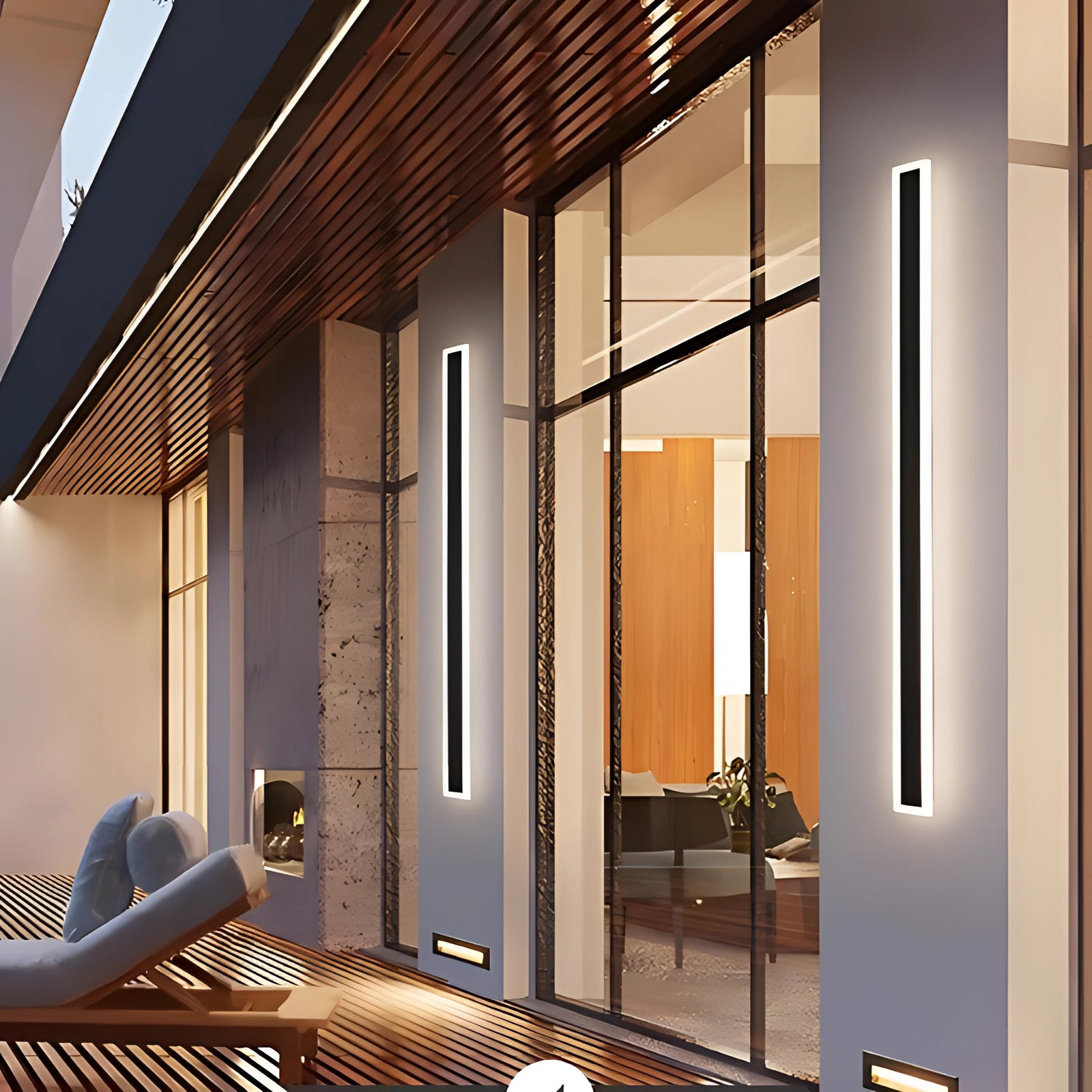 Vertical LED wall light mounted on a modern outdoor wall with a wooden backdrop, providing minimalist lighting to a balcony or exterior setting.