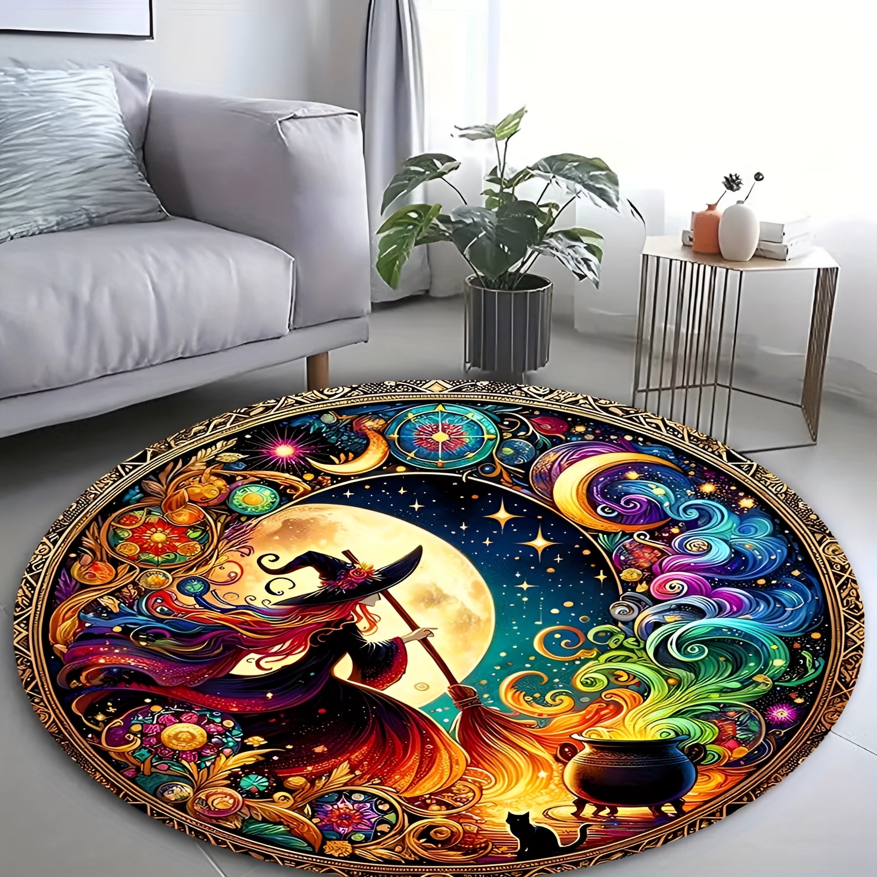 Vibrant round witch rug featuring moon and stars celestial design, placed in a living room setting with furniture including a couch, table, chair, and indoor plants.