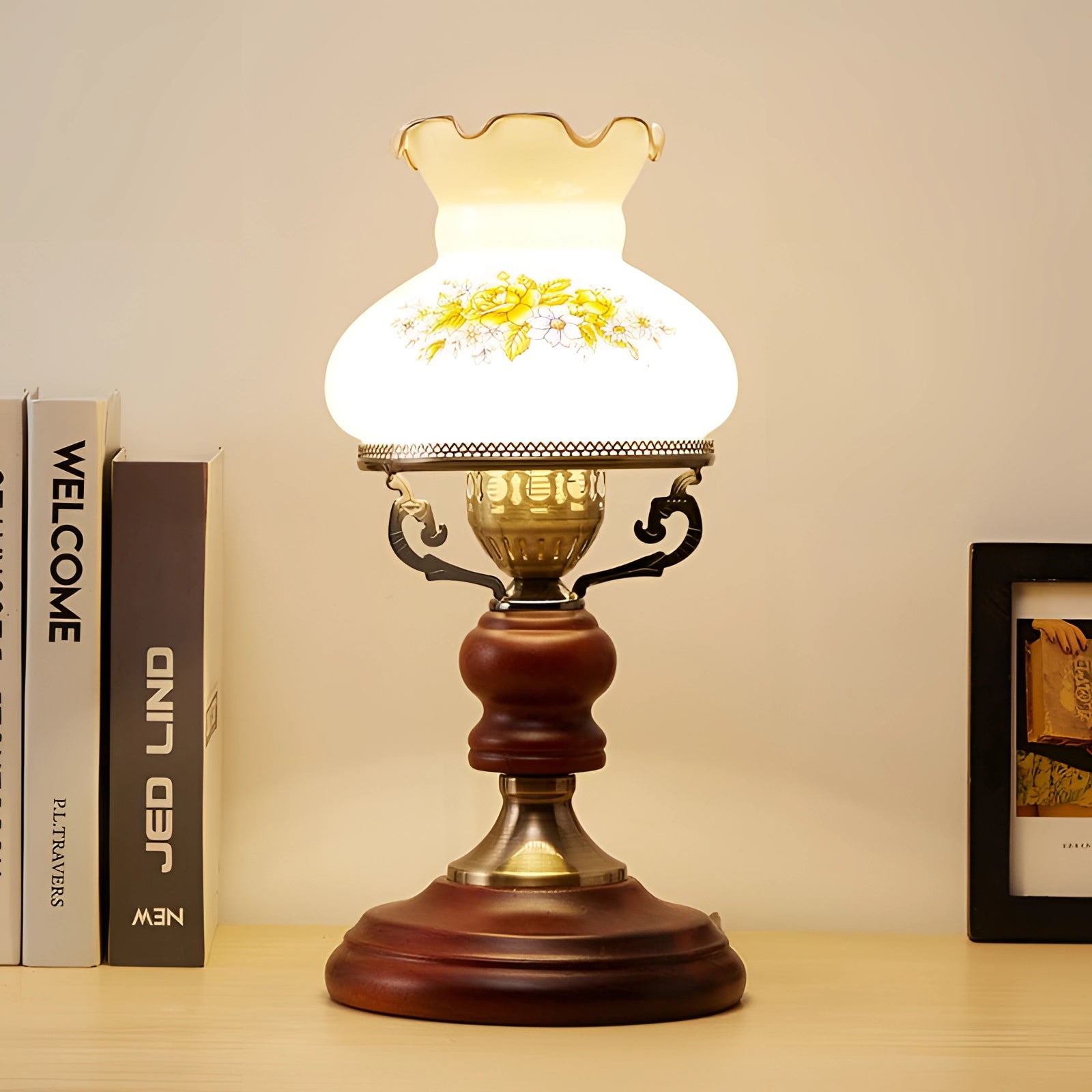 Victorian vintage table lamp with a floral lampshade and ornate design, featuring a combination of glass and metal materials in an elegant light fixture.