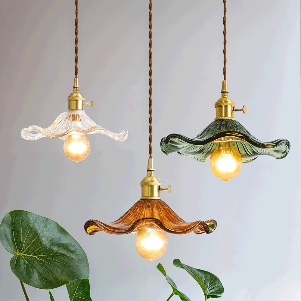Vintage Amber Glass Pendant Light - Antique Brass Home Decor Lamp