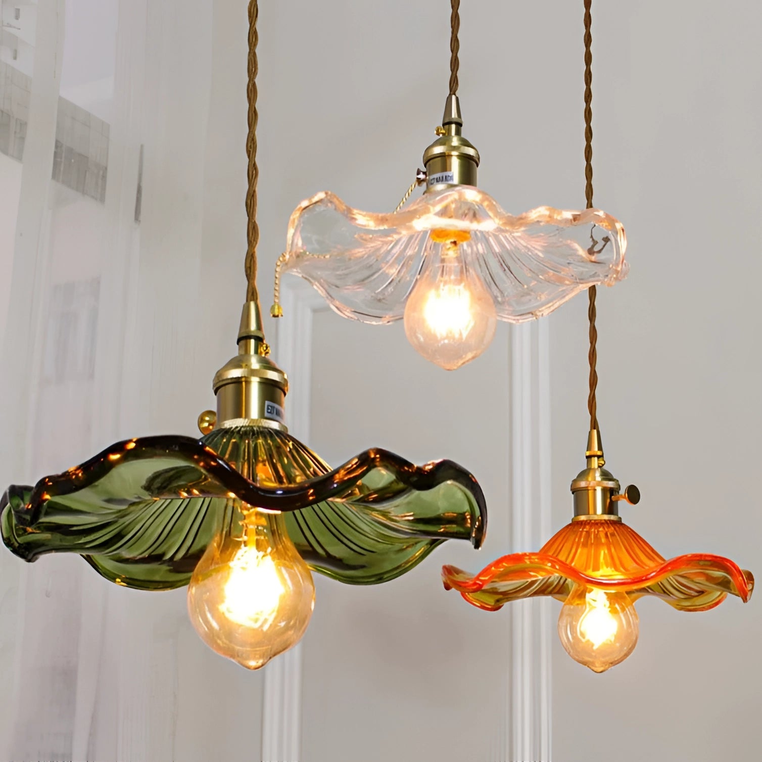 Vintage Amber Glass Pendant Light - Antique Brass Home Decor Lamp