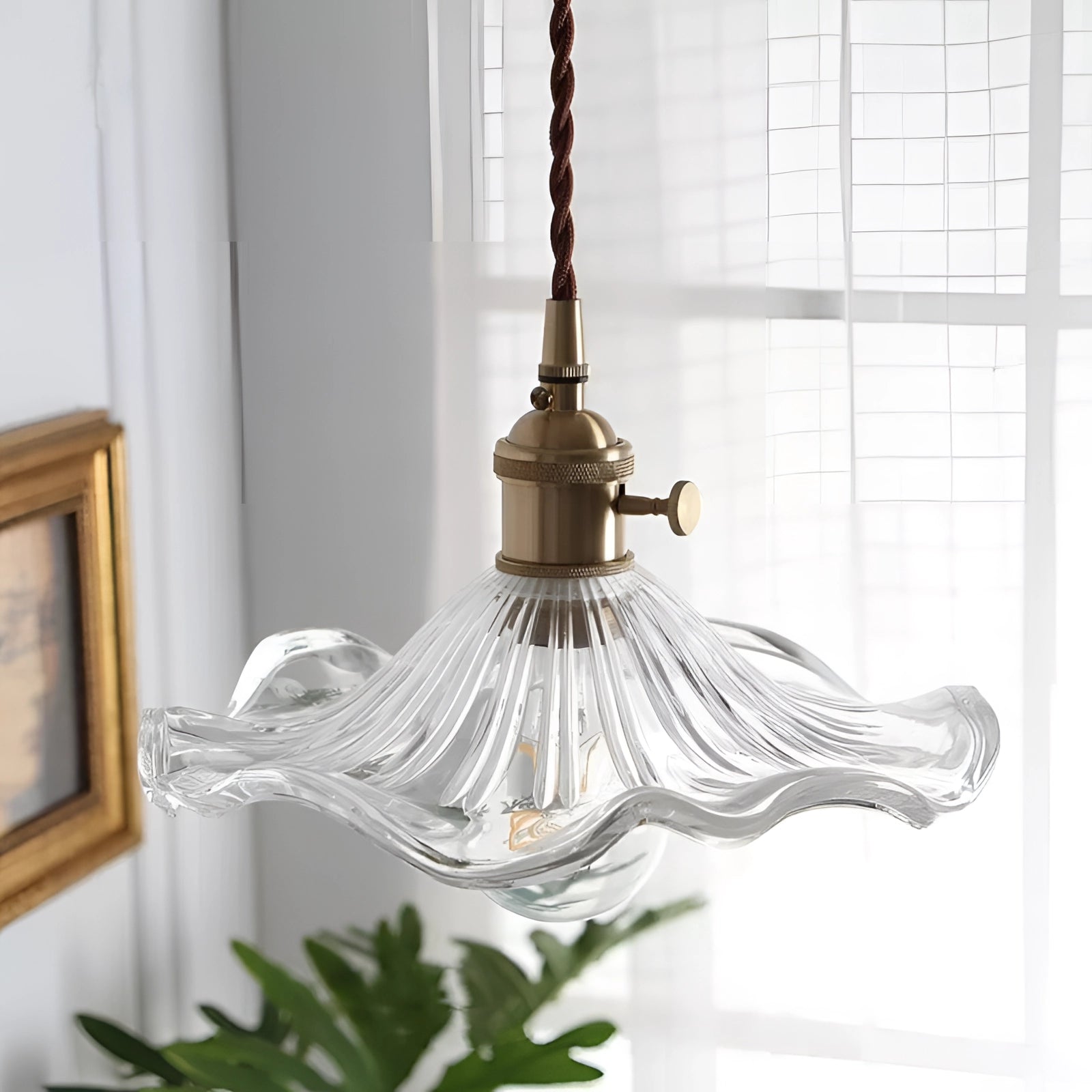 Vintage Amber Glass Pendant Light - Antique Brass Home Decor Lamp