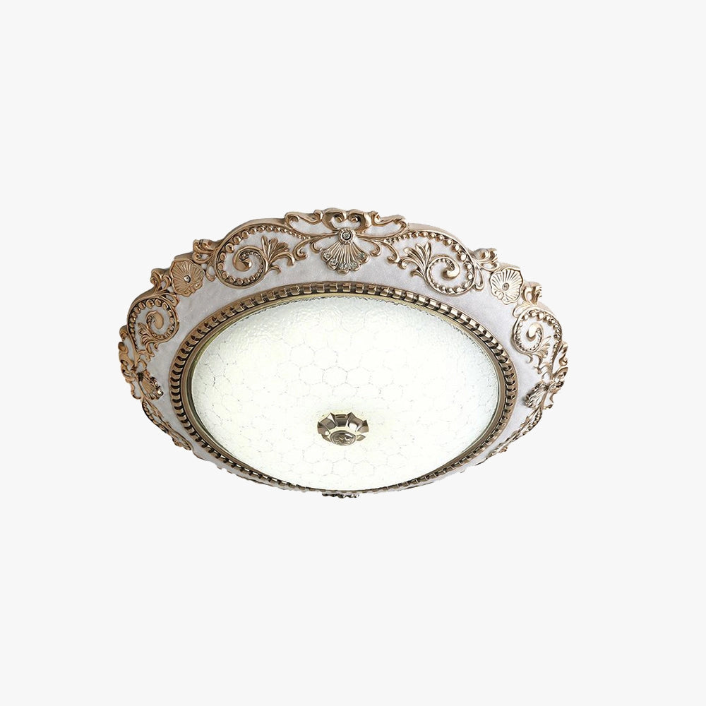 Vintage Baroque glass ceiling light with an ornate metal frame, measuring 21.5 inches, featuring intricate detailing and an elegant oval shape.
