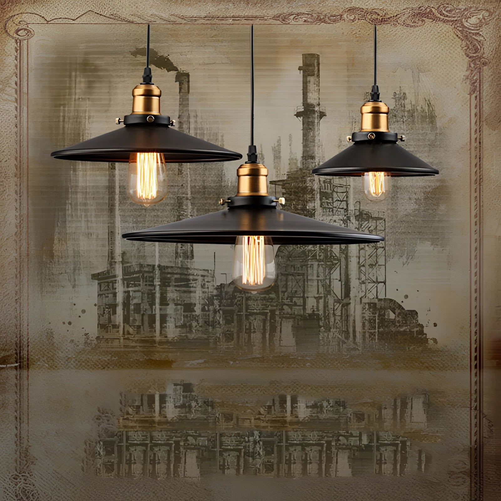 Vintage black Edison bulb pendant light with an industrial metallic dome hanging in a modern interior space. The setting includes wooden elements, large windows, and stylish wall art, contributing to an overall sophisticated and artistic ambiance.